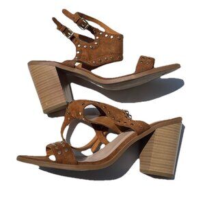 J Adams Brown Print Women’s Sz 11 Gold Studded Double Belt Strap Heel Shoes